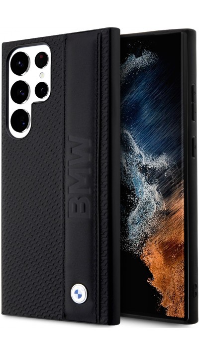 Coque Samsung Galaxy S23 Ultra - BMW Signature Collection avec bandeau en cuir véritable et logo métallique - Noir