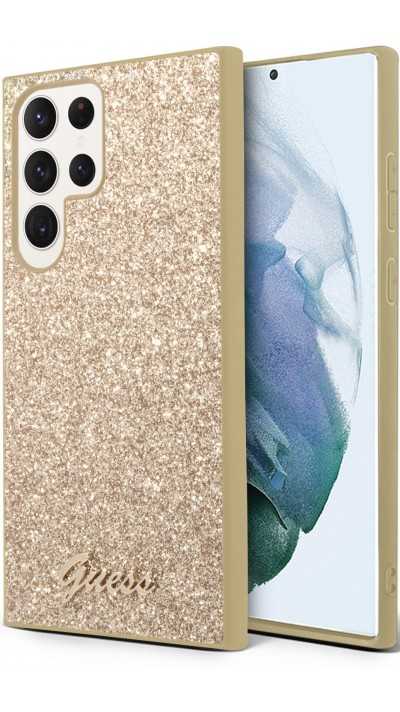 Coque Samsung Galaxy S23 Ultra - Guess paillettes or avec logo en métal doré - Or