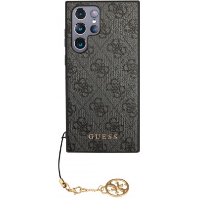 Samsung Galaxy S24 Ultra Case Hülle - Guess Leinwand Kunstleder Monogramm goldenen Metall-Logo mit Charm Anhänger - Schwarz
