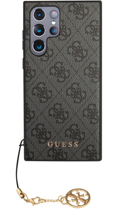 Coque Samsung Galaxy S24 Ultra - Guess toile similicuir monogramme logo métallique doré avec pendentif charm - Noir