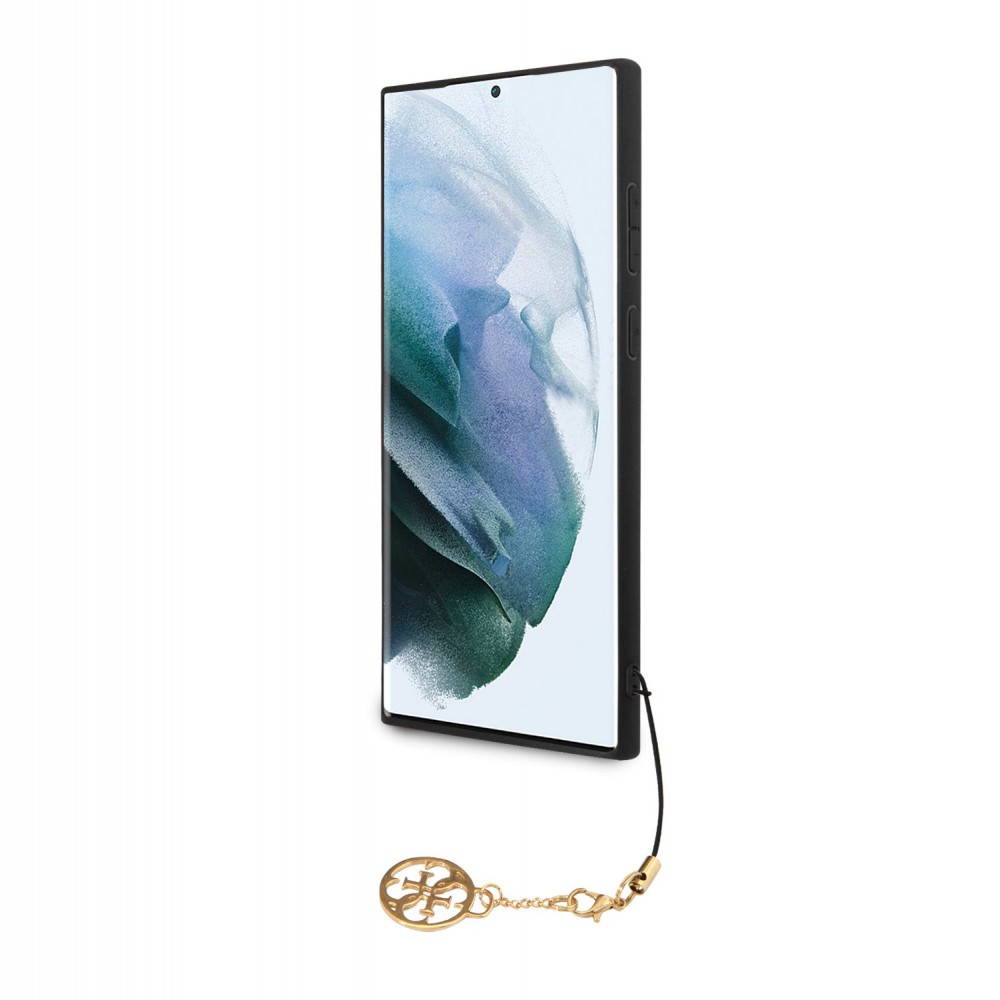 Samsung Galaxy S23 Ultra Case Hülle - Guess Leinwand Kunstleder Monogramm goldenen Metall-Logo mit Charm Anhänger - Schwarz