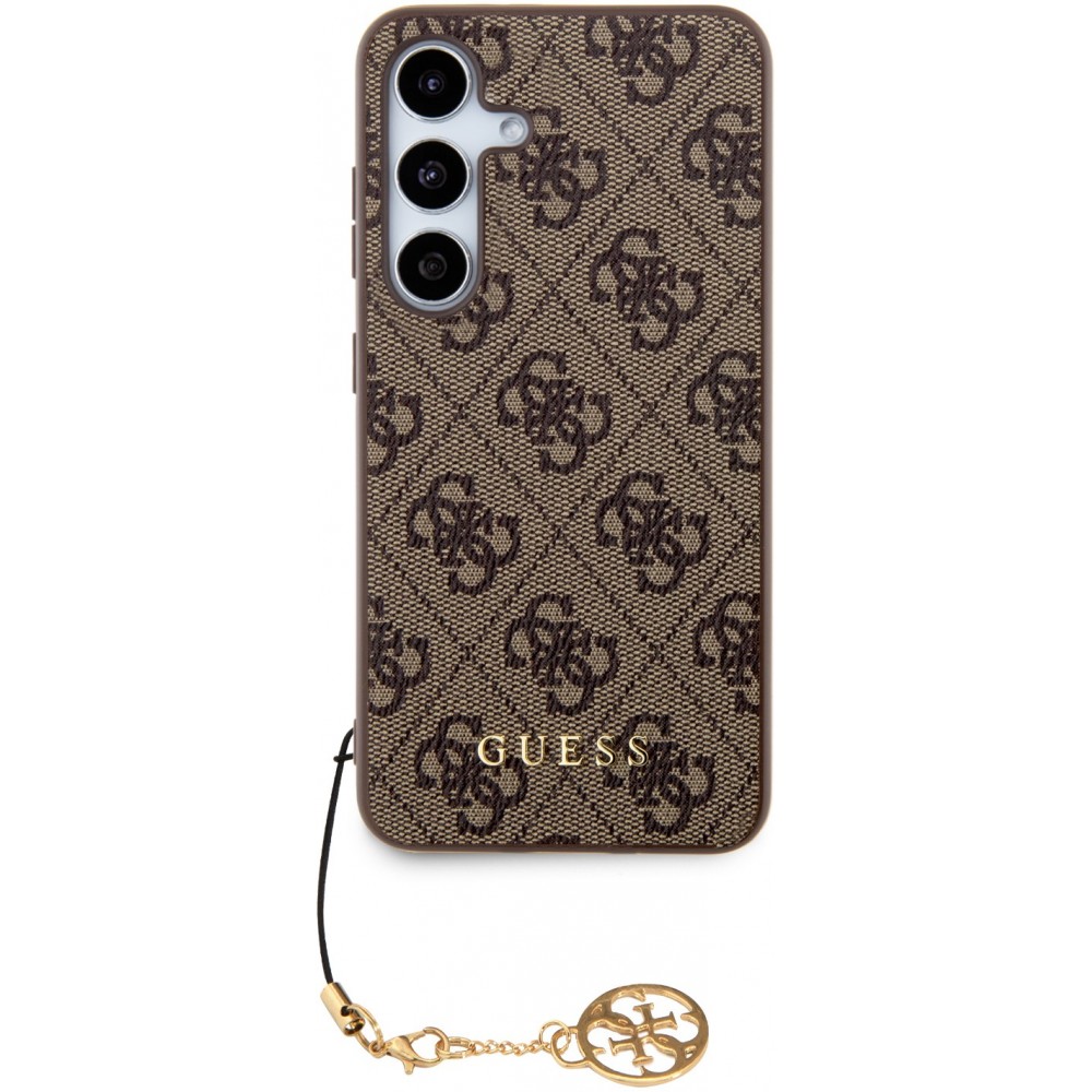 Coque Samsung Galaxy S24+ - Guess toile similicuir monogramme logo métallique doré avec pendentif charm - Brun