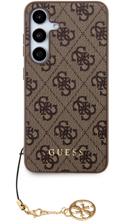 Coque Samsung Galaxy S24+ - Guess toile similicuir monogramme logo métallique doré avec pendentif charm - Brun