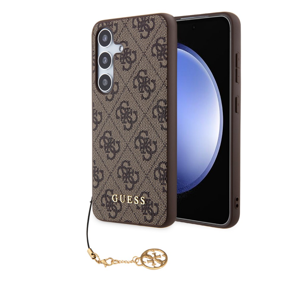 Coque Samsung Galaxy S24+ - Guess toile similicuir monogramme logo métallique doré avec pendentif charm - Brun