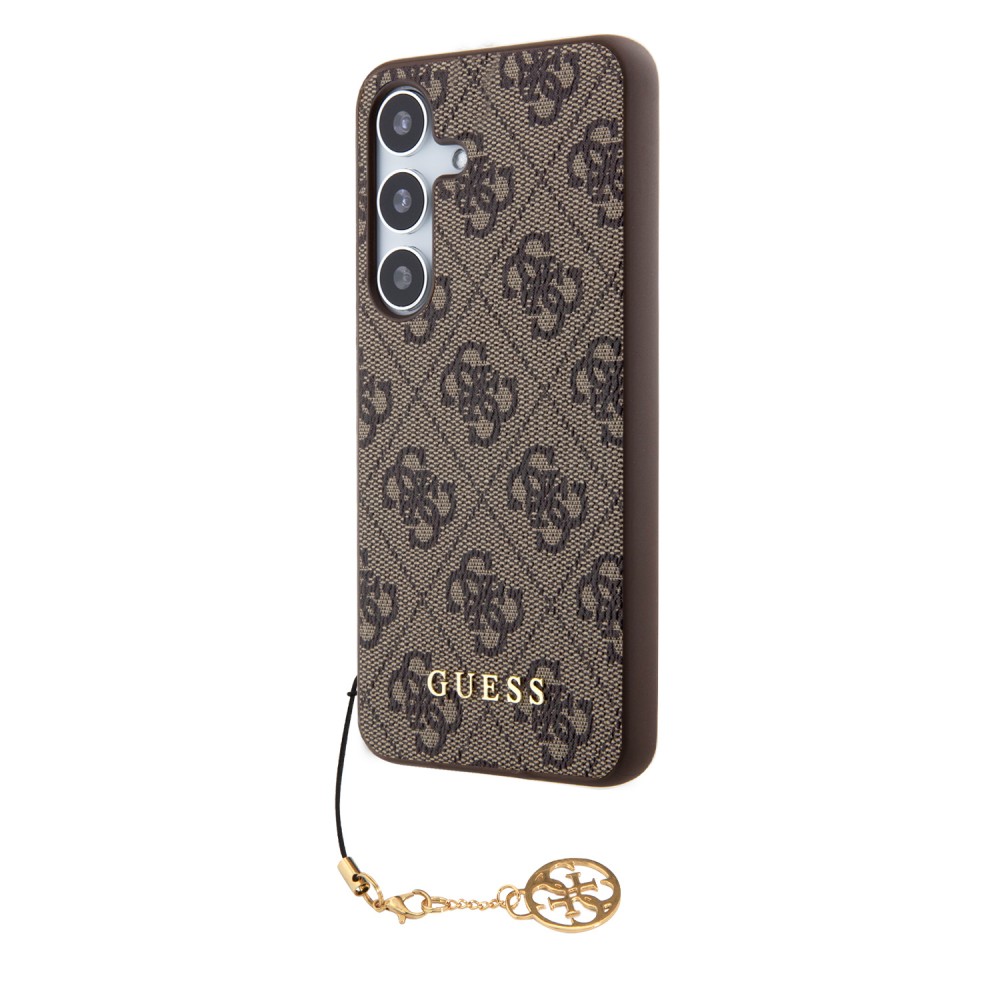 Coque Samsung Galaxy A35 5G - Guess toile similicuir monogramme logo métallique doré avec pendentif charm - Brun