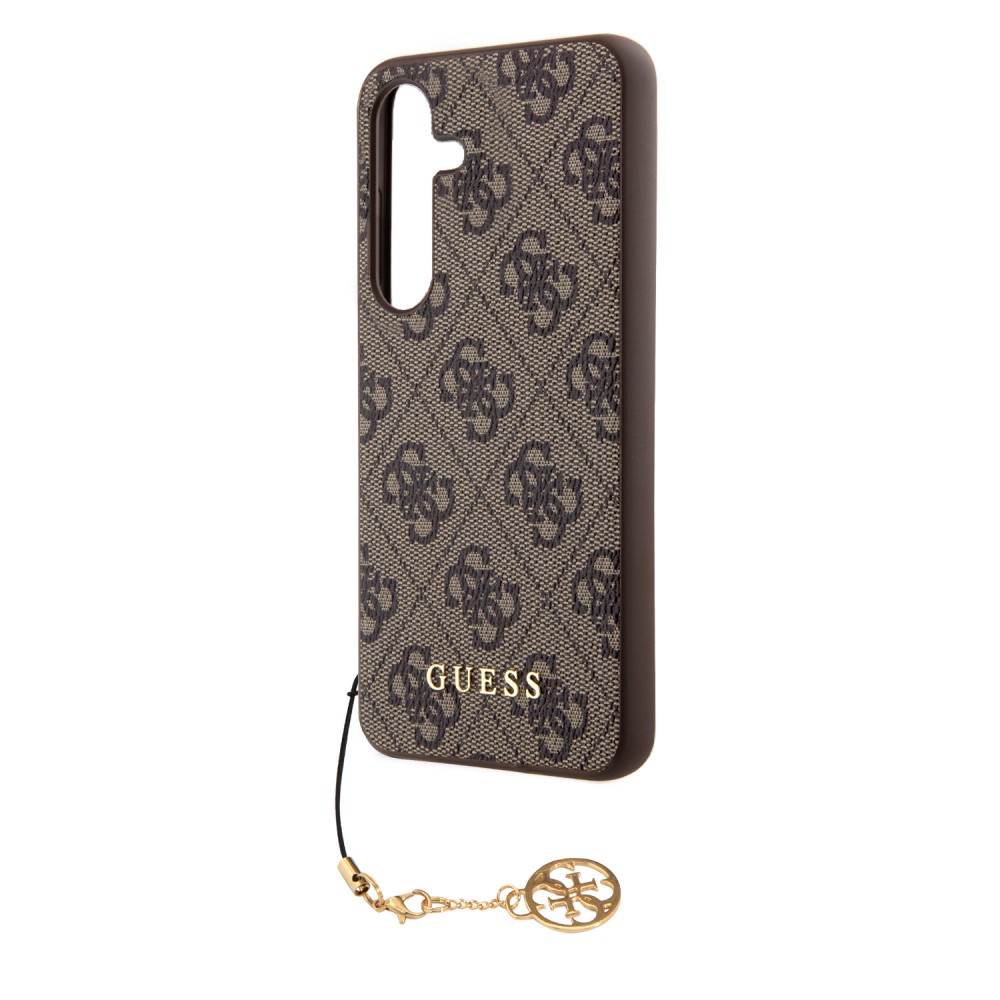 Coque Samsung Galaxy A35 5G - Guess toile similicuir monogramme logo métallique doré avec pendentif charm - Brun