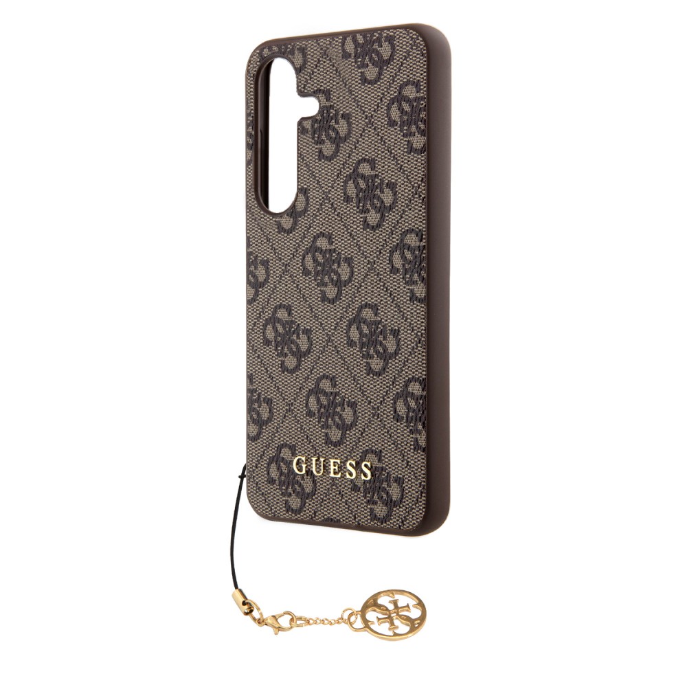 Coque Samsung Galaxy S24+ - Guess toile similicuir monogramme logo métallique doré avec pendentif charm - Brun