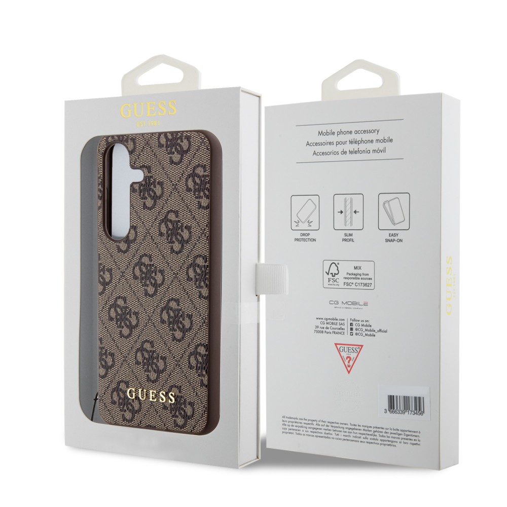Coque Samsung Galaxy A35 5G - Guess toile similicuir monogramme logo métallique doré avec pendentif charm - Brun