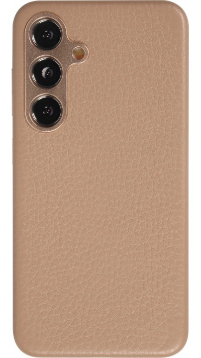 Coque Samsung Galaxy S24 - Cuir de veau luxe grainé intégral avec boutons métalliques et MagSafe - Beige