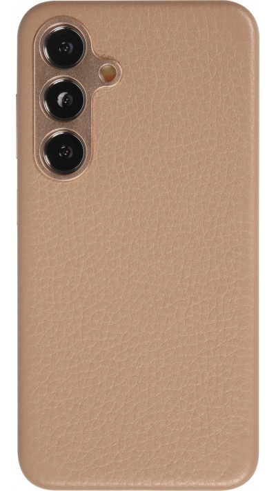 Galaxy S24 Case Hülle - Vollständig genarbtes Luxuskalbsleder mit Metallknöpfen und MagSafe - Beige