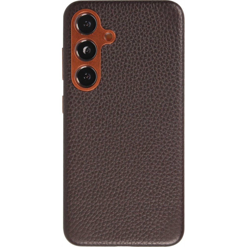 Coque Samsung Galaxy S24+ - Cuir de veau luxe grainé intégral avec boutons métalliques et MagSafe - Brun foncé