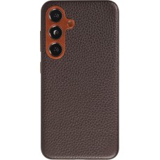 Samsung Galaxy S24+ Case Hülle - Vollständig genarbtes Luxuskalbsleder mit Metallknöpfen und MagSafe - Dunkelbraun