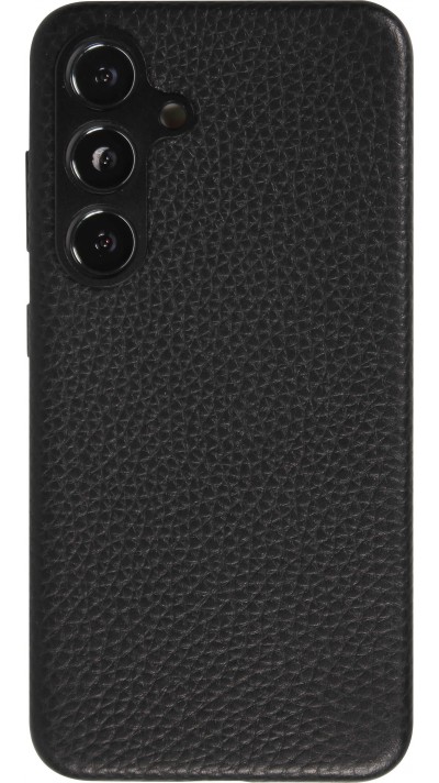 Coque Samsung Galaxy S24 - Cuir de veau luxe grainé intégral avec boutons métalliques et MagSafe - Noir
