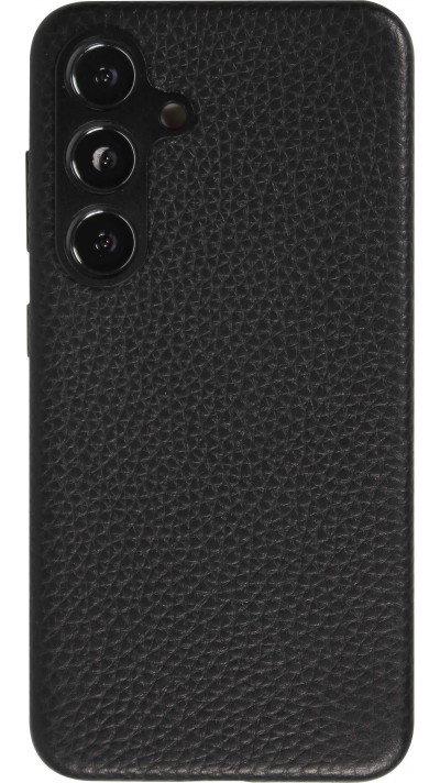 Samsung Galaxy S24+ Case Hülle - Vollständig genarbtes Luxuskalbsleder mit Metallknöpfen und MagSafe - Schwarz