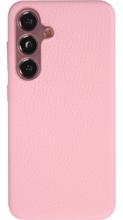 Galaxy S24 Case Hülle - Vollständig genarbtes Luxuskalbsleder mit Metallknöpfen und MagSafe - Rosa