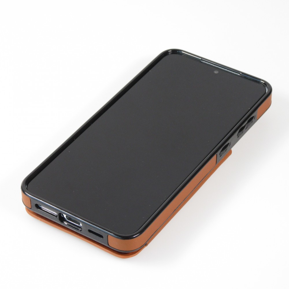 Coque Samsung Galaxy S24 - Etui en silicone avec surface en similicuir et porte-monnaie pliable - Brun