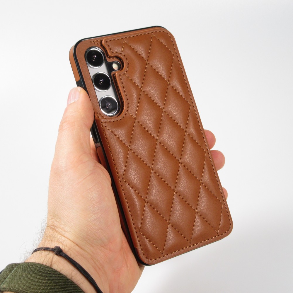 Coque Samsung Galaxy S24 - Etui en silicone avec surface en similicuir et porte-monnaie pliable - Brun