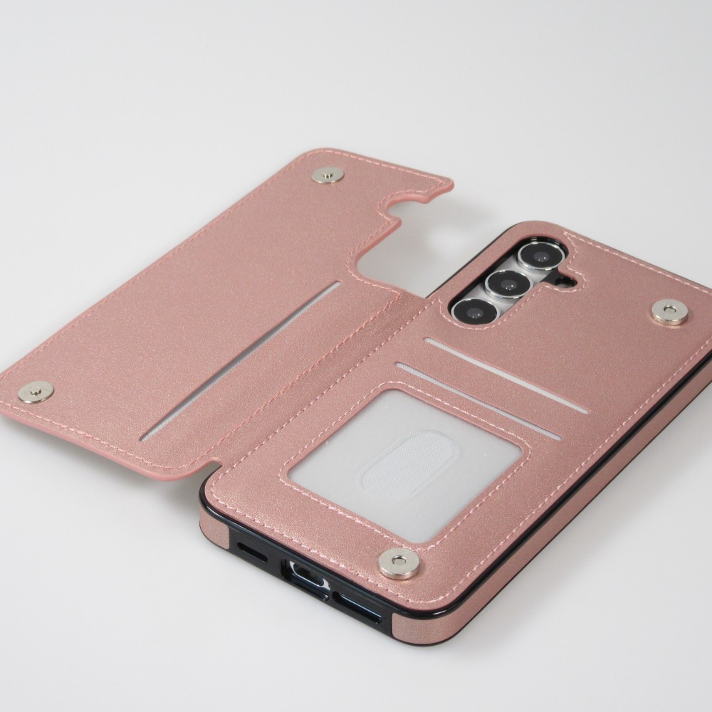 Coque Samsung Galaxy S24 - Etui en silicone avec surface en similicuir et porte-monnaie pliable - Rose