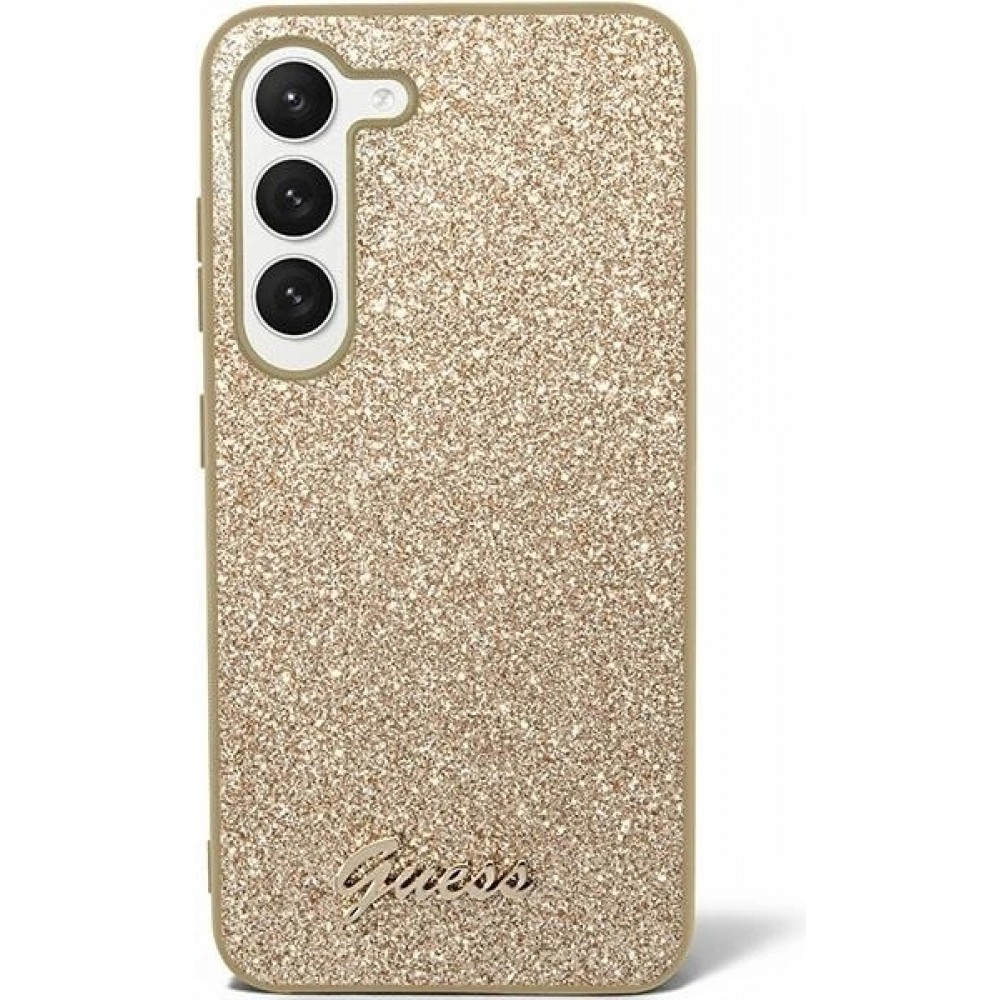 Coque Samsung Galaxy S24 - Guess paillettes or avec logo en métal doré - Or