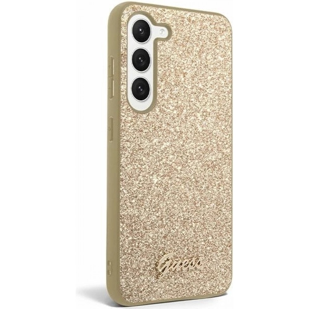 Coque Samsung Galaxy S24 - Guess paillettes or avec logo en métal doré - Or