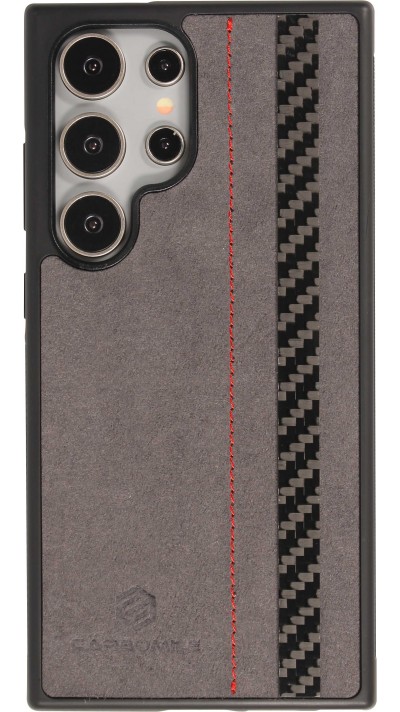 Coque Samsung Galaxy S24 Ultra - Carbomile alcantara et carbone avec surpiqûres rouges (compatible MagSafe)