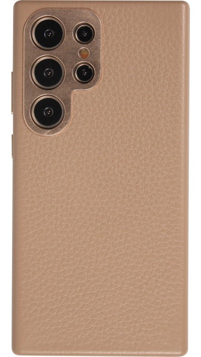 Galaxy S24 Ultra Case Hülle - Vollständig genarbtes Luxuskalbsleder mit Metallknöpfen und MagSafe - Beige