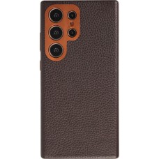 Galaxy S24 Ultra Case Hülle - Vollständig genarbtes Luxuskalbsleder mit Metallknöpfen und MagSafe - Dunkelbraun