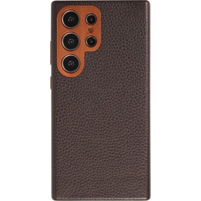 Coque Samsung Galaxy S24 Ultra - Cuir de veau luxe grain&eacute; int&eacute;gral avec boutons m&eacute;talliques et MagSafe - Brun fonc&eacute;
