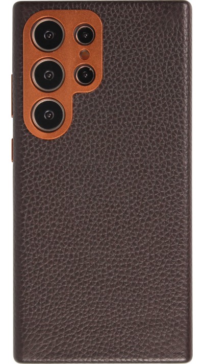 Coque Samsung Galaxy S24 Ultra - Cuir de veau luxe grainé intégral avec boutons métalliques et MagSafe - Brun foncé