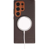 Galaxy S24 Ultra Case Hülle - Vollständig genarbtes Luxuskalbsleder mit Metallknöpfen und MagSafe - Dunkelbraun