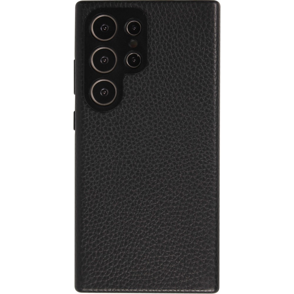 Galaxy S24 Ultra Case Hülle - Vollständig genarbtes Luxuskalbsleder mit Metallknöpfen und MagSafe - Schwarz
