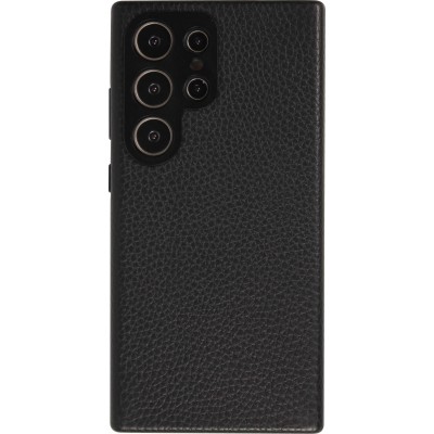 Galaxy S24 Ultra Case Hülle - Vollständig genarbtes Luxuskalbsleder mit Metallknöpfen und MagSafe - Schwarz