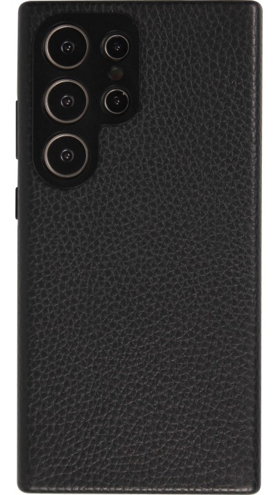 Coque Samsung Galaxy S24 Ultra - Cuir de veau luxe grainé intégral avec boutons métalliques et MagSafe - Noir