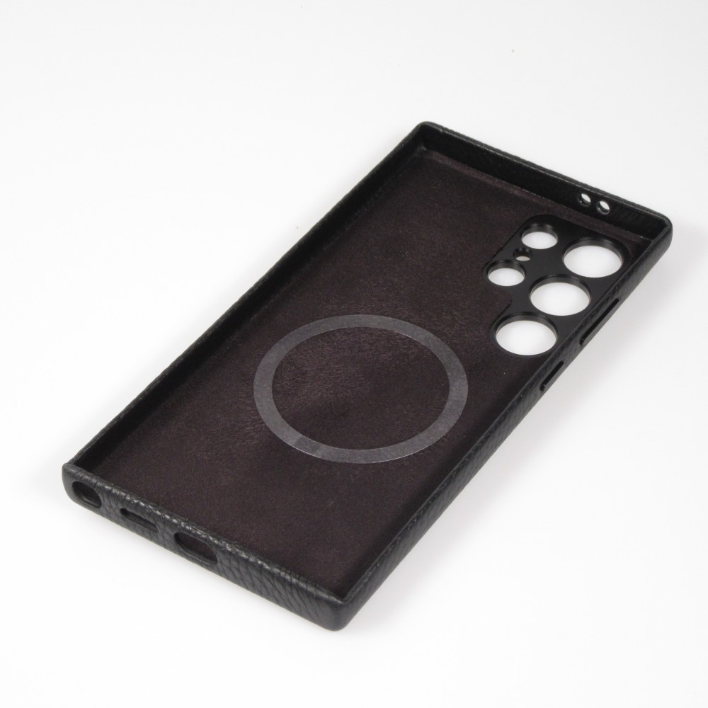 Galaxy S24 Ultra Case Hülle - Vollständig genarbtes Luxuskalbsleder mit Metallknöpfen und MagSafe - Schwarz