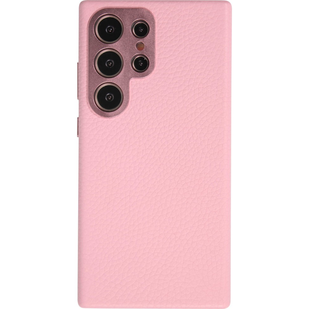 Galaxy S24 Ultra Case Hülle - Vollständig genarbtes Luxuskalbsleder mit Metallknöpfen und MagSafe - Rosa