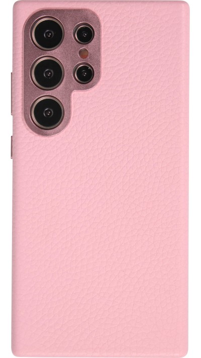 Coque Samsung Galaxy S24 Ultra - Cuir de veau luxe grainé intégral avec boutons métalliques et MagSafe - Rose