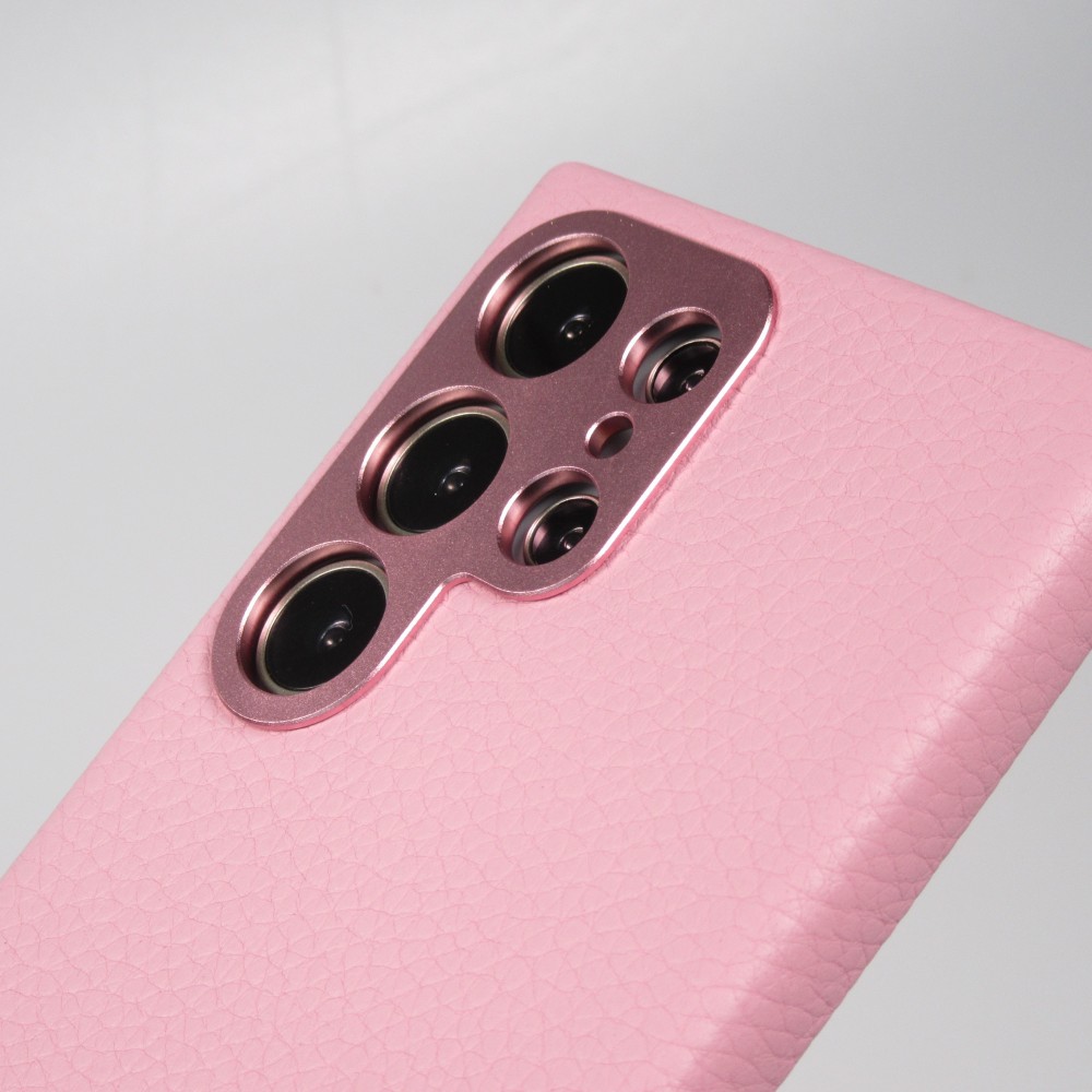 Galaxy S24 Ultra Case Hülle - Vollständig genarbtes Luxuskalbsleder mit Metallknöpfen und MagSafe - Rosa