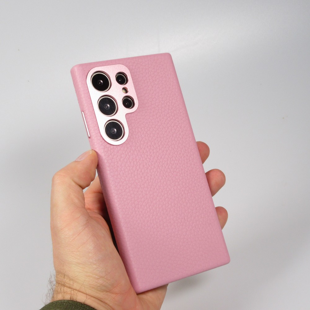 Galaxy S24 Ultra Case Hülle - Vollständig genarbtes Luxuskalbsleder mit Metallknöpfen und MagSafe - Rosa