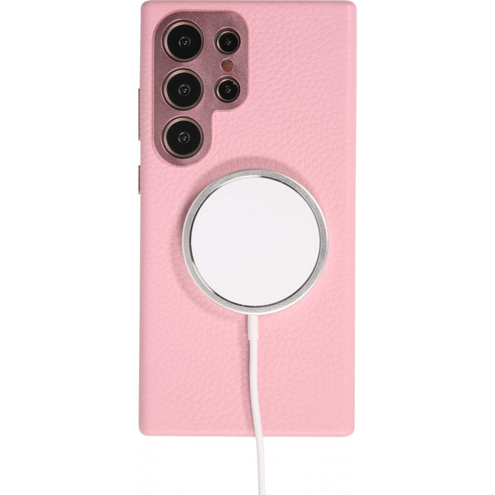 Galaxy S24 Ultra Case Hülle - Vollständig genarbtes Luxuskalbsleder mit Metallknöpfen und MagSafe - Rosa
