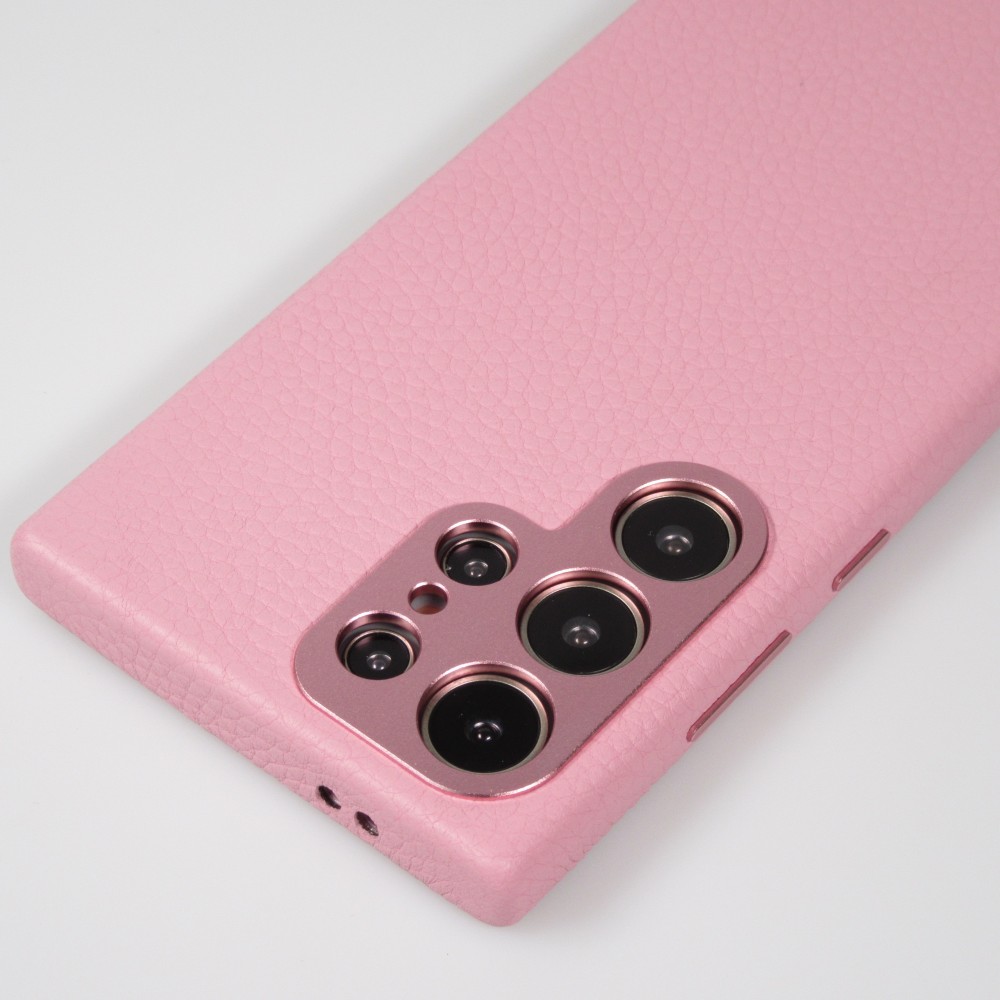 Galaxy S24 Ultra Case Hülle - Vollständig genarbtes Luxuskalbsleder mit Metallknöpfen und MagSafe - Rosa