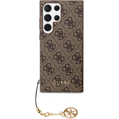 Coque Samsung Galaxy S23 Ultra - Guess toile similicuir monogramme logo métallique doré avec pendentif charm - Brun