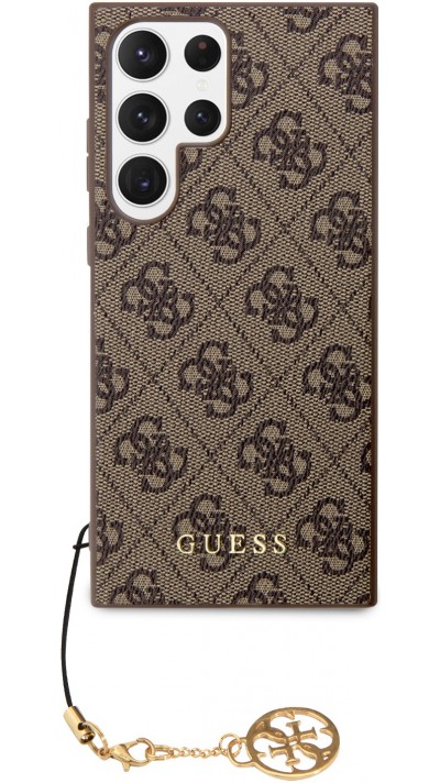 Coque Samsung Galaxy S24 Ultra - Guess toile similicuir monogramme logo métallique doré avec pendentif charm - Brun