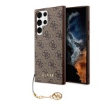 Samsung Galaxy S24 Ultra Case Hülle - Guess Leinwand Kunstleder Monogramm goldenen Metall-Logo mit Charm Anhänger - Braun