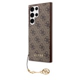 Coque Samsung Galaxy S24 Ultra - Guess toile similicuir monogramme logo métallique doré avec pendentif charm - Brun