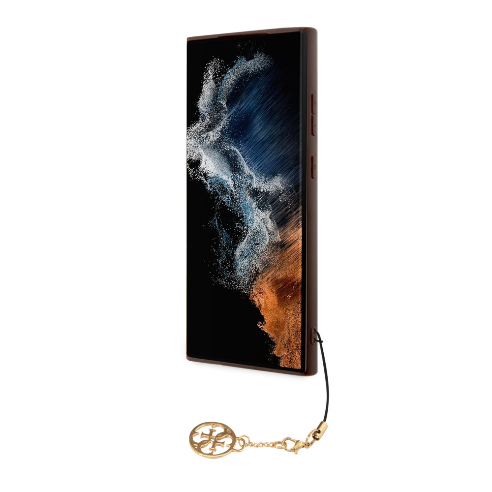 Coque Samsung Galaxy S24 Ultra - Guess toile similicuir monogramme logo métallique doré avec pendentif charm - Brun