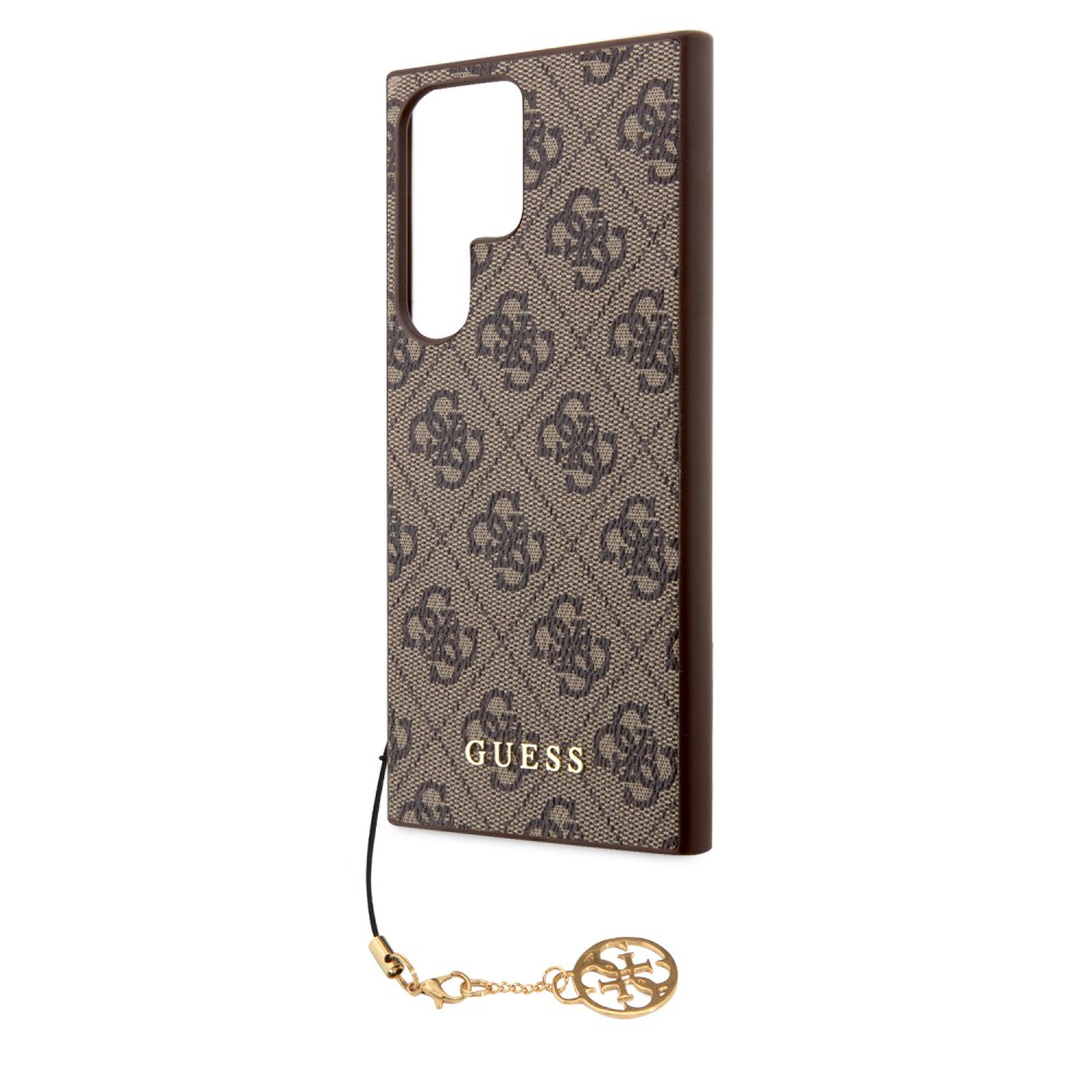 Coque Samsung Galaxy S24 Ultra - Guess toile similicuir monogramme logo métallique doré avec pendentif charm - Brun