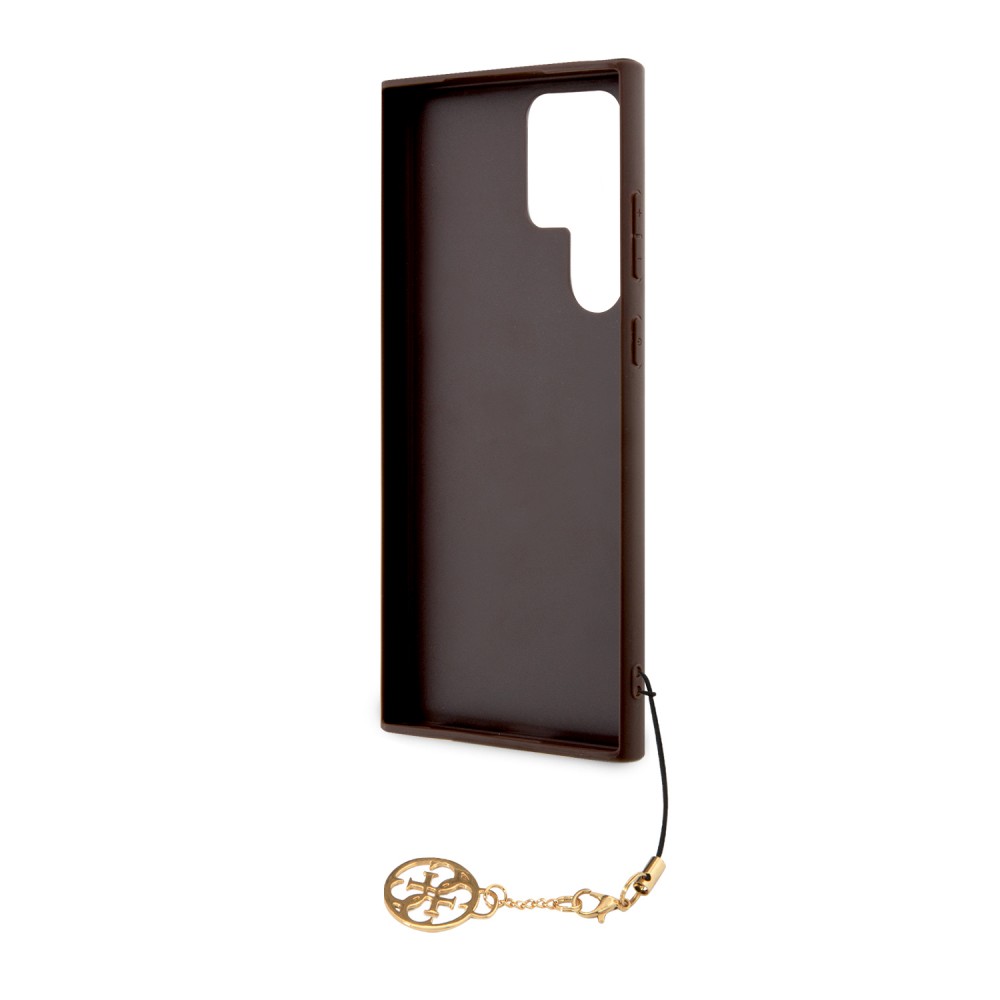 Samsung Galaxy S24 Ultra Case Hülle - Guess Leinwand Kunstleder Monogramm goldenen Metall-Logo mit Charm Anhänger - Braun