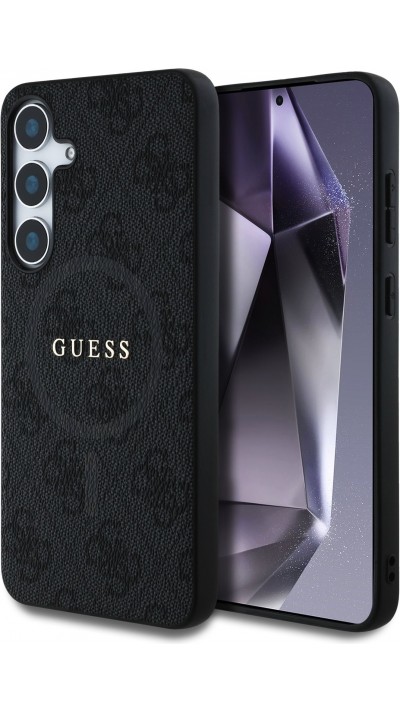 Coque Samsung Galaxy S25 - Guess monogramme similicuir avec MagSafe intégré et logo doré - Noir