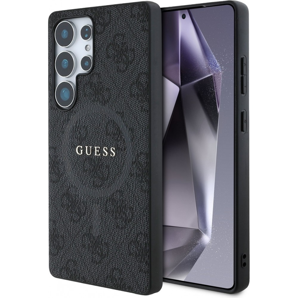 Coque Samsung Galaxy S25 Ultra - Guess monogramme similicuir avec MagSafe intégré et logo doré - Noir