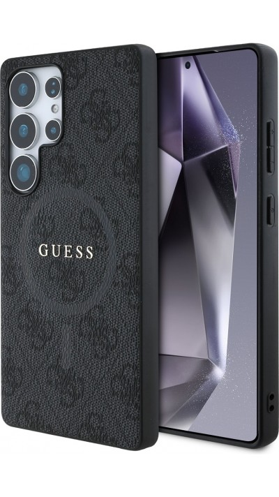 Coque Samsung Galaxy S25 Ultra - Guess monogramme similicuir avec MagSafe intégré et logo doré - Noir